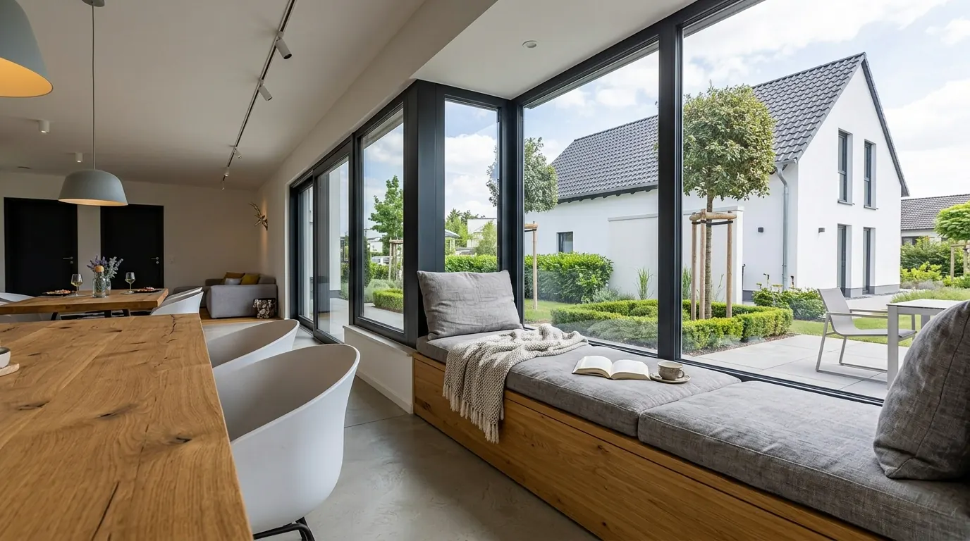Heller LUXHAUS-Wohnraum mit Eichenholz-Sitzbank an bodentiefer Fensterfront und Blick auf Garten und Haus